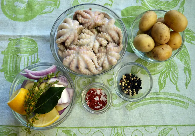 View of ingredients - octopus, potatoes, onion, lemon, peppercorns, curry leaf