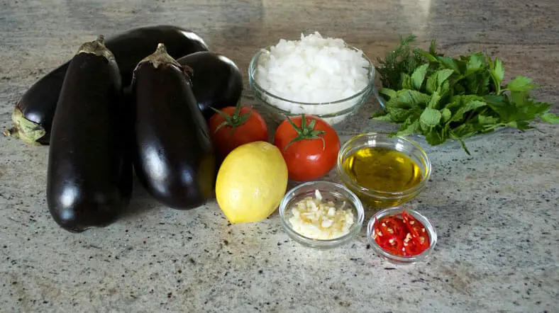 View of ingredients - lemon, tomatoes, oil, mint leaves, eggplant, chili pepper, garlic