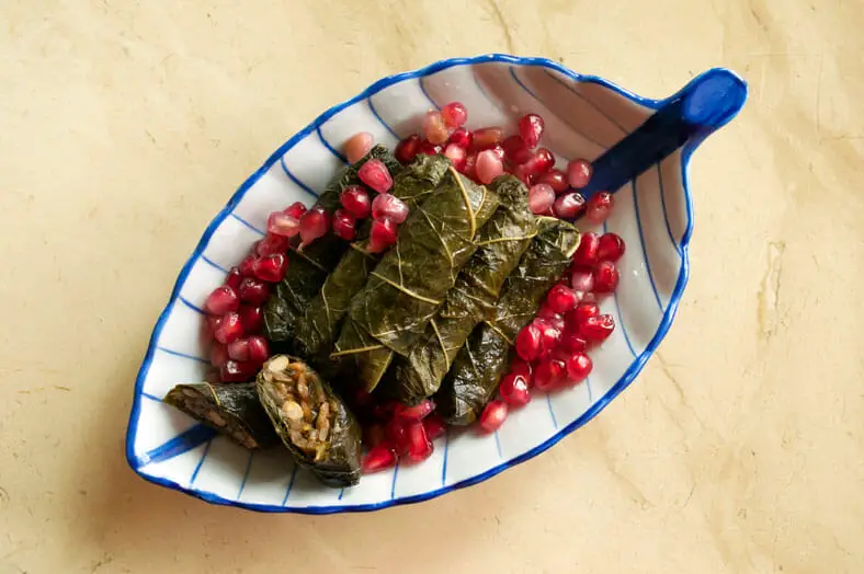 Ready to serve grape leaves stuffed in leaf shaped dish