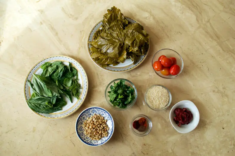 View of ingredients - grape leaves, cherry tomatoes, rice, pine nuts