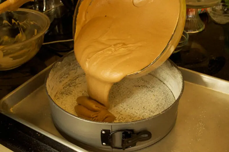 Pouring cake batter to mould for baking