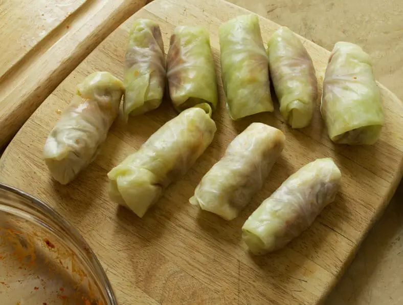 Wrapped filling in cabbage leaf