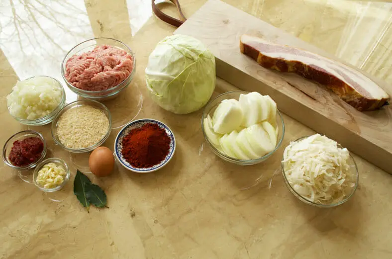 View of ingredients - smoked ham, cabbage, beef, onion, tomato paste, sauerkraut, pork, paprika
