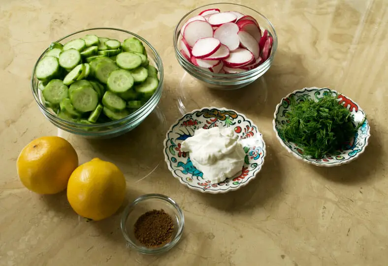 View of ingredients - sliced cucumbers, Greek yogurt, lemon, sliced radish, dill 