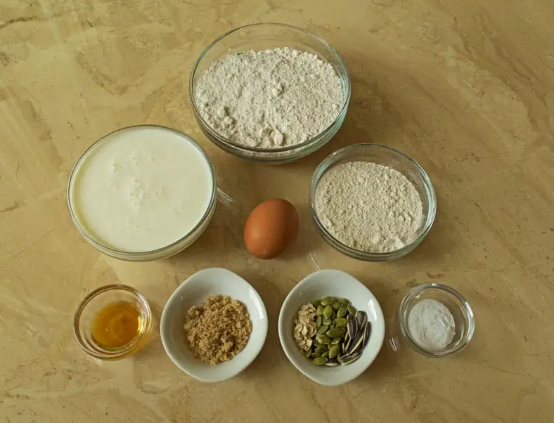 Ingredients - egg, flour, baking soda, pumpkin seeds, oats