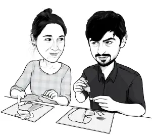 Caricature of Heather and Cyrus hard at work preparing food for the food blog