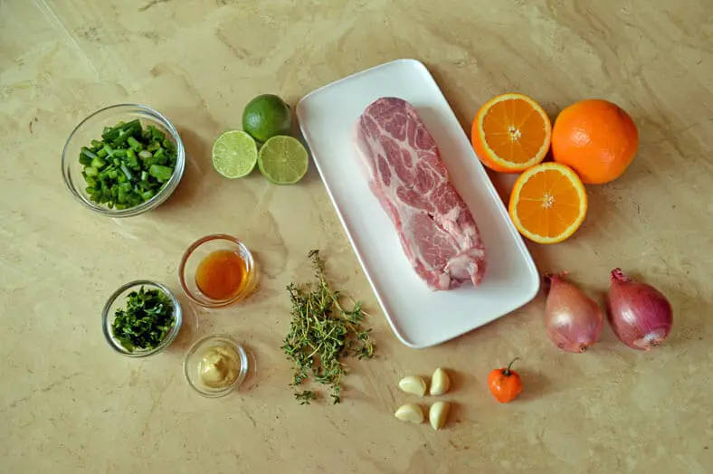 View of ingredients - oranges, shallots, lemon, garlic, pork