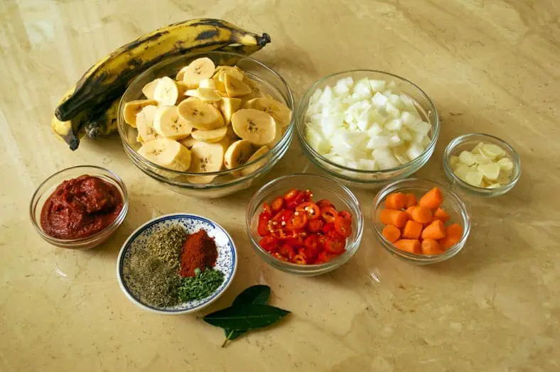 Ingredients - chili pepper, carrots, tomato paste, plantains, spices, garlic