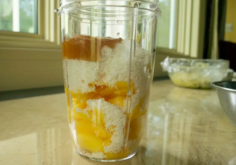 Coconut, honey and mango before being blended and added to the smashed watermelon