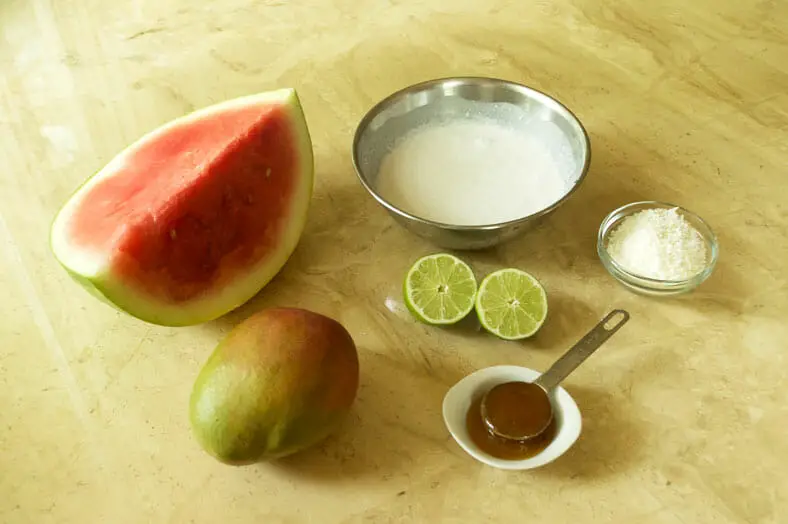 Ingredients - watermelon, coconut milk, coconut flakes, honey, lemon, mango
