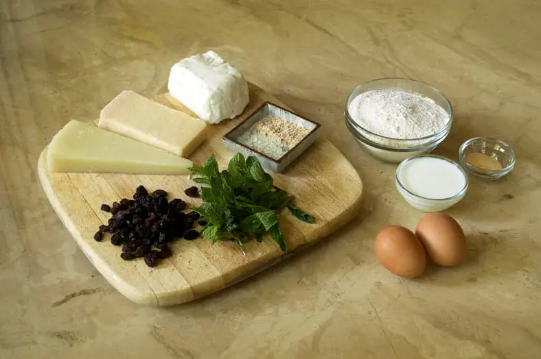 Ingredients for Cypriot flaounes - cheese filled Easter bread
