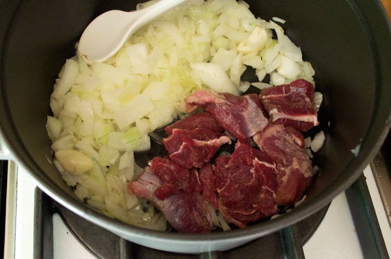 The beginning stages of cooking the Jordanian Mansaf recipe that contains jameed 