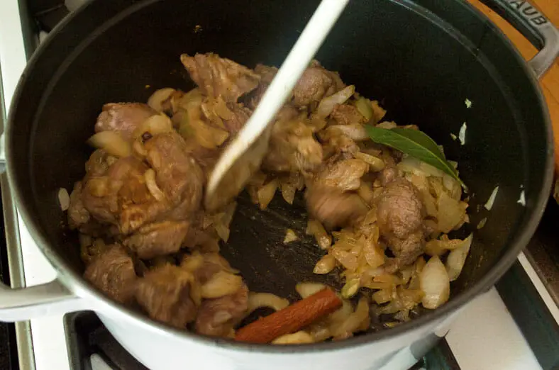 Sauteed onions, garlic, lamb and spices for the Jordanian Mansaf dish