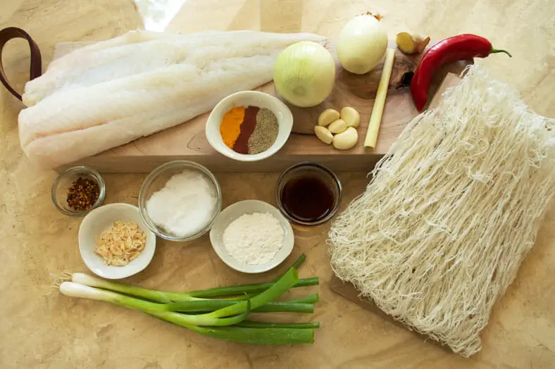 Views of ingredients - rice noodle, garlic, chili pepper, spices, fish, spring onions