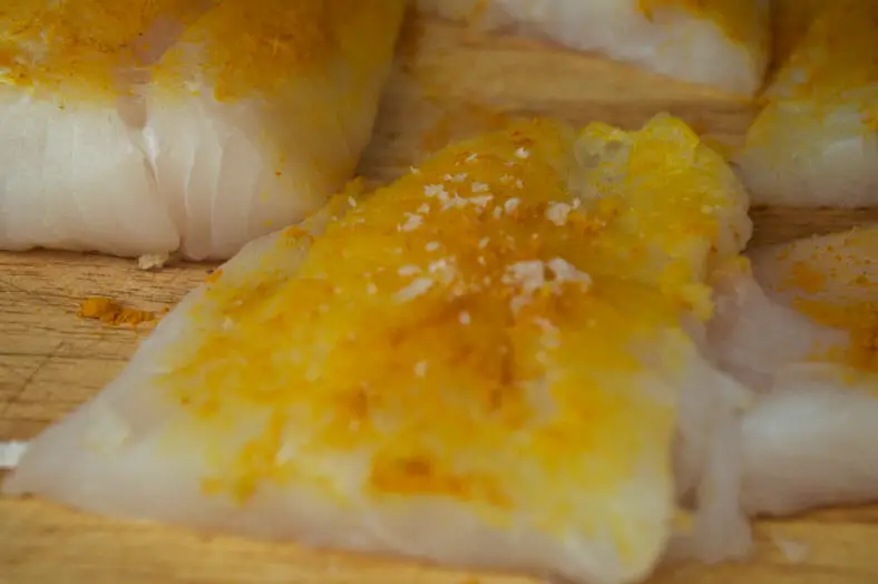 Seasoned fish filets with turmeric and sea salt