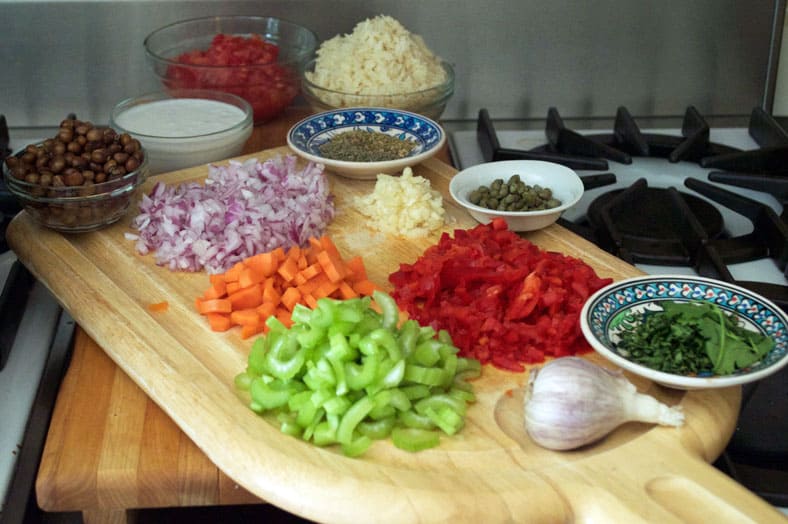 Chopped and sliced ingredients for sofrito