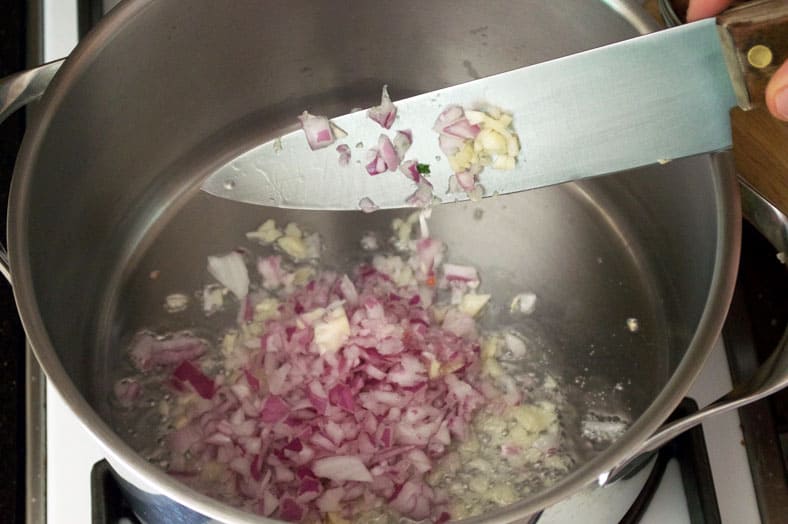 Adding onions and garlic to pan for base