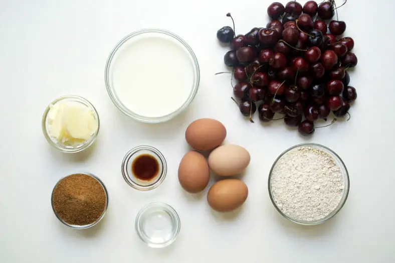 Ingredients - eggs, cherries, brown sugar, flour, butter, rose water