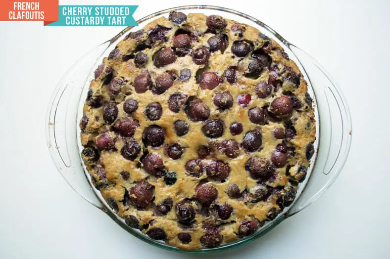 The final baked French cherry tart clafoutis