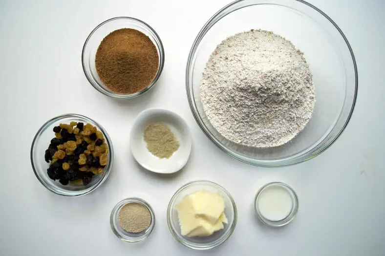 Ingredients for Greenlandic cake - flour, sugar, butter, milk and raisins