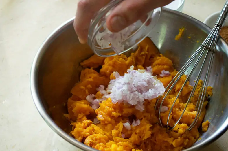 Add shallots into the scooped sweet potato
