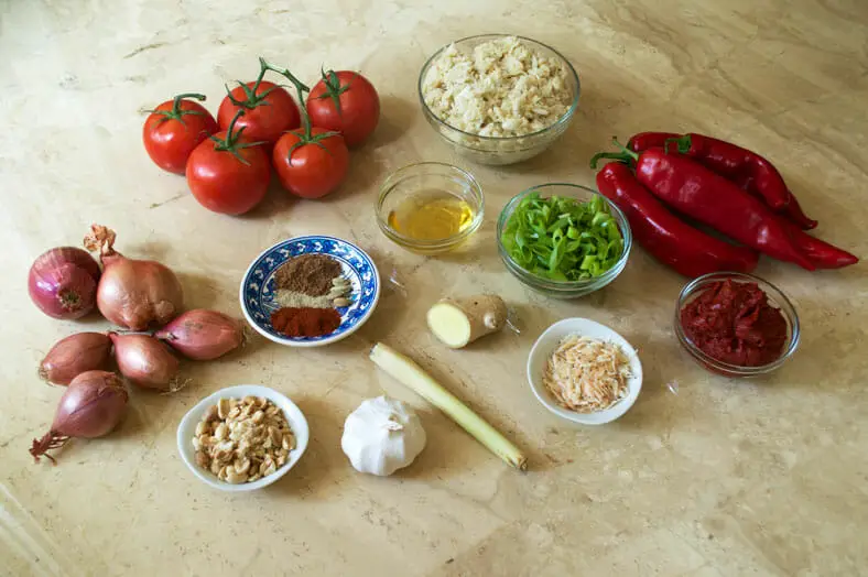 View of ingredients - crab meat, tomatoes, tomato sauce, spring onions, shallots, spices, chili peppers, peanuts, garlic