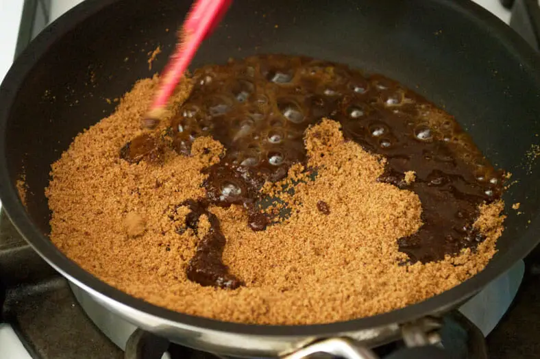 Here we are melting coconut sugar with a little water for Tanzanian Coconut Peanut Brittle