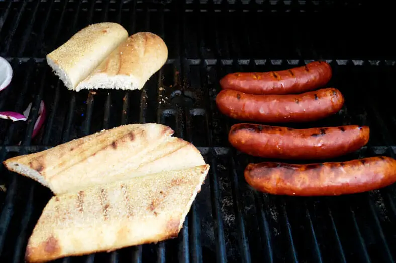 Heat up the grill and once hot throw on the chorizo and baguette for a few minutes, being mindful of rotating the sausages and bread to cook evenly