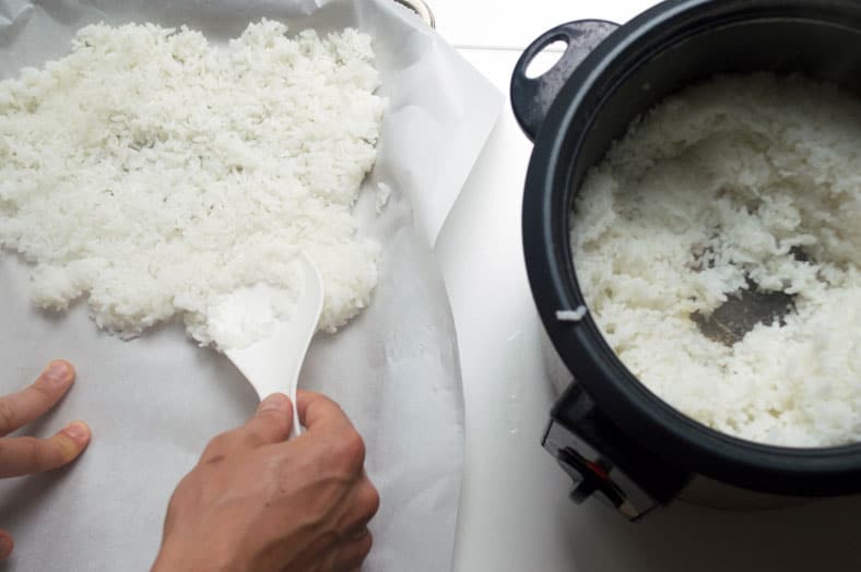 To make Japanese onigiri, or rice cakes, you start with the most important ingredients - the rice! You'll first cook the rice (we used a rice cooker) and then spread it flat on a baking dish lined with parchment paper and then sprinkle rice vinegar over the rice