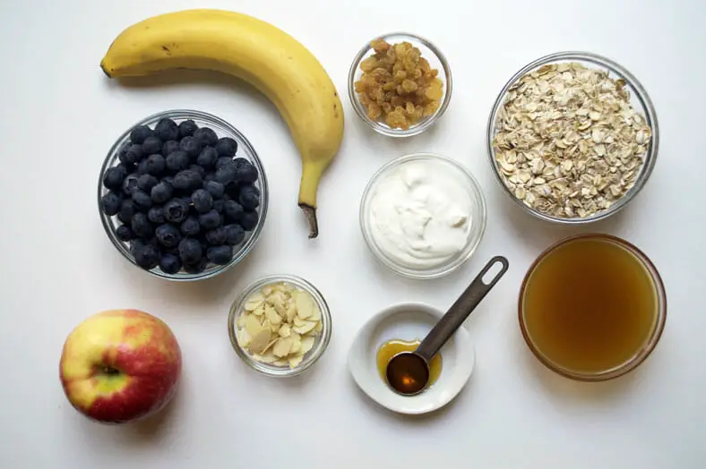 View of ingredients - oats, honey, yogurt and whatever fruit you like!