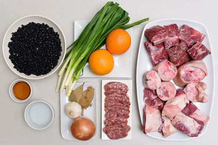 View of ingredients - pork, onions, garlic, black beans, bay leaf, green onions, oranges, beef, chorizo