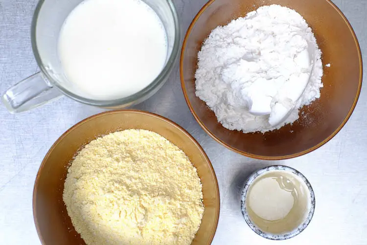 View of ingredients - millet flour, mung bean flour, soy milk, coconut oil