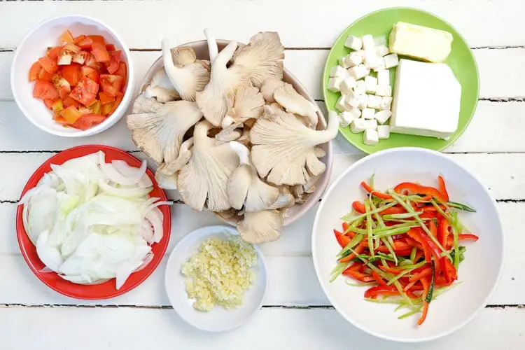 View of ingredients - diced tomatoes, cheese cubes, sliced onions, bell peppers, oyster mushrooms, butter