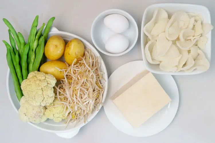 View of ingredients - eggs, cauliflower, potatoes, beans