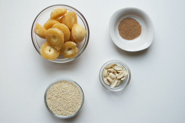 View of ingredients - jaggery, sesame seeds, peanuts