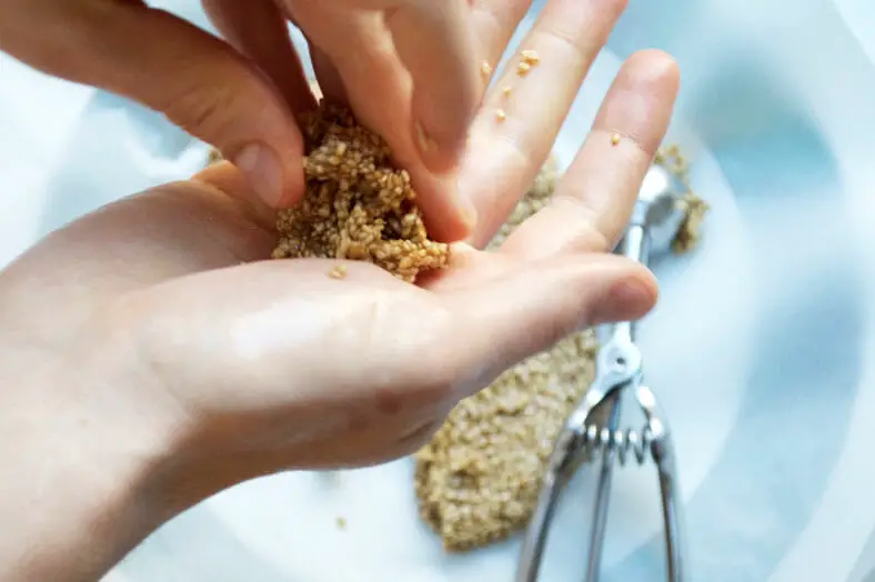 small portion of sesame seeds in hand for rolling ball