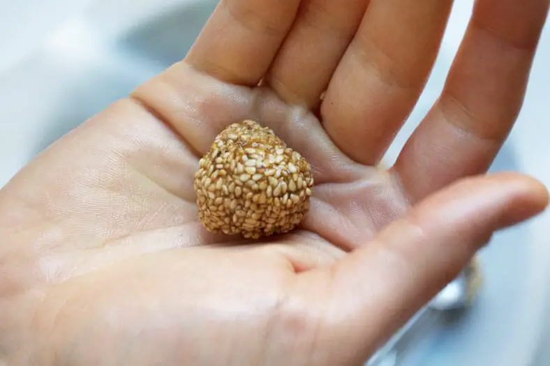 Rolled sesame seeds ball in hand