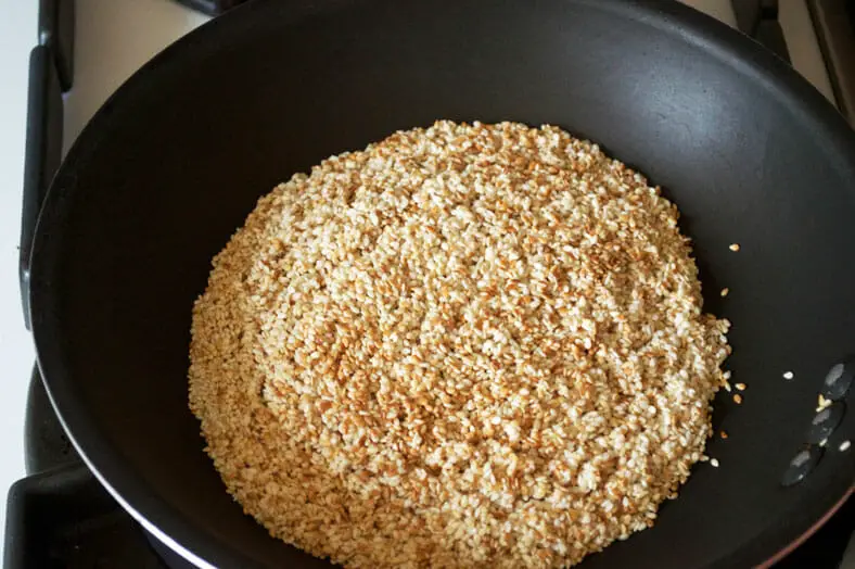 Roasted sesame seeds in a pan