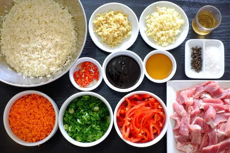 View of ingredients - rice, garlic, ginger, oyster sauce, Chinese cooking wine, black pepper, meat