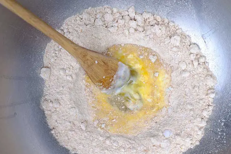 Mixing wheat flour, egg, salt, yogurt, and water in a mixing bowl until dough is formed.