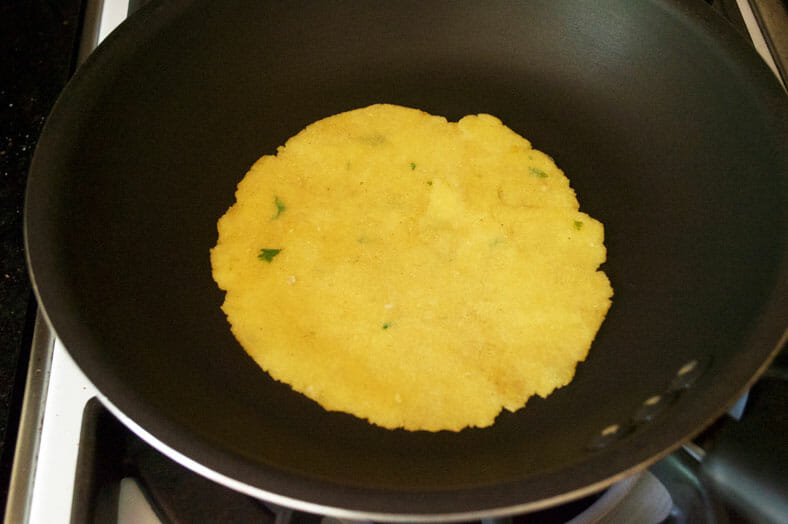 Cooking tortilla on hot dry pan, griddle or skillet