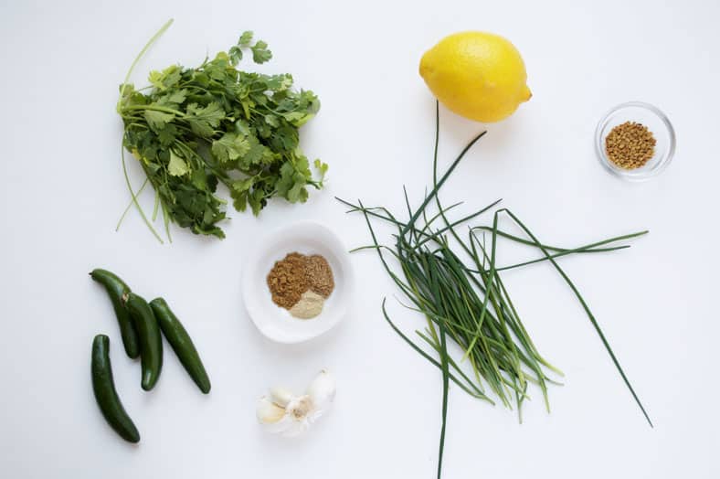 View of ingredients for hulbah - lemon, chili pepper, spices, fenugreek seeds, coriander leaves