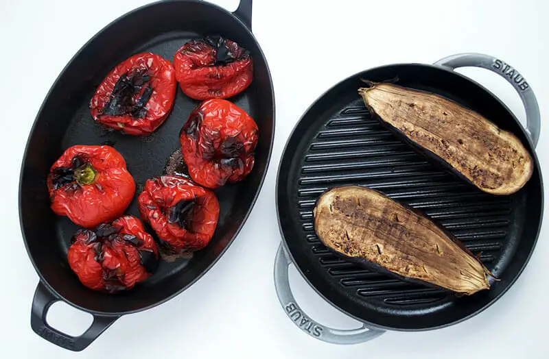 Broiled and cooled eggplant and bell pepper