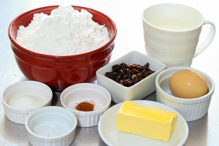 View of ingredients - eggs, butter, milk, flour, saffron