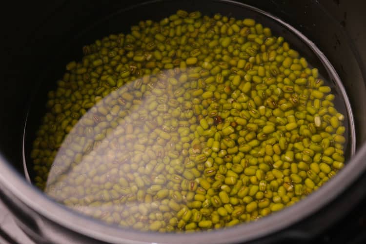 Soaked mung beans placed in a pot with water