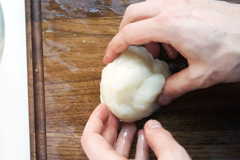 Kneading rice flour dough on the surface