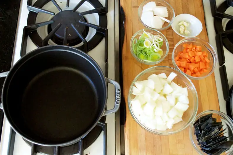 Stockpot and chopped ingredients