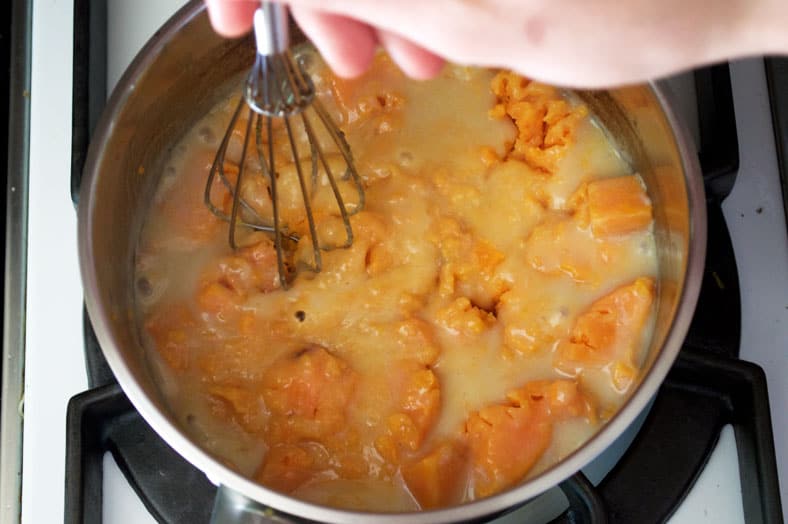 Mashed sweet potato and milk mixture for fritters