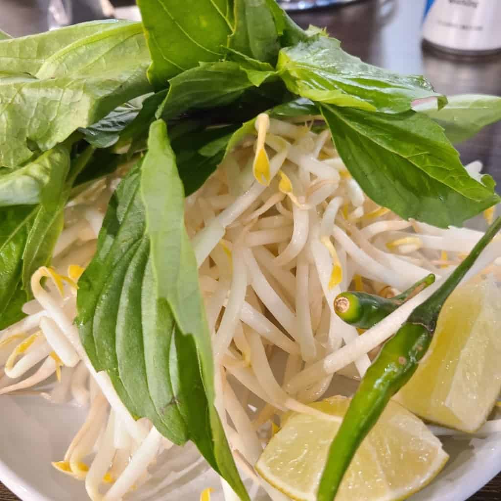 beansprouts, basil and lime wedges, served as a side to Pho