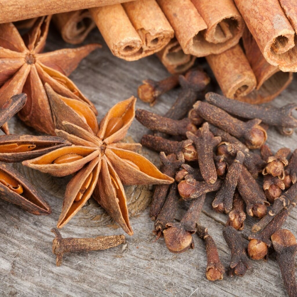 whole star anise, whole cinnamon stick and other spices laid out on table